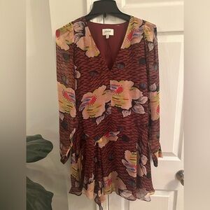 Joie Burgundy Floral V-Neck Long Sleeve Dress with Pastel Accents
